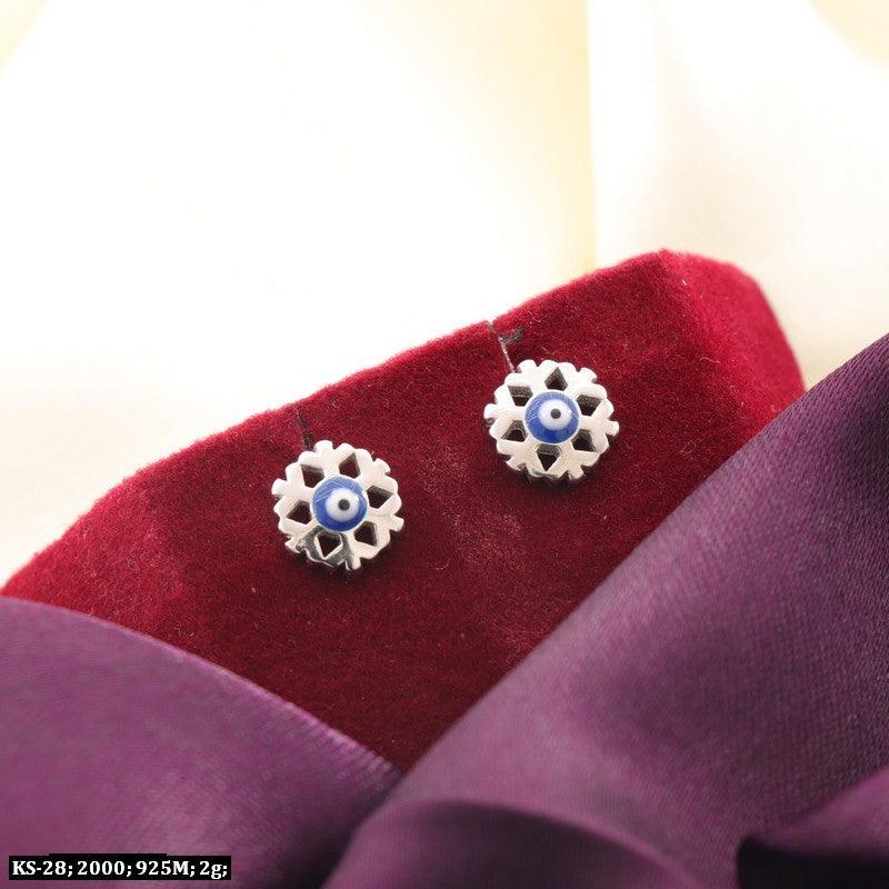 925 silver Veena kids studs KS-28 on a velvet background, 2g, displayed with elegant fabric.