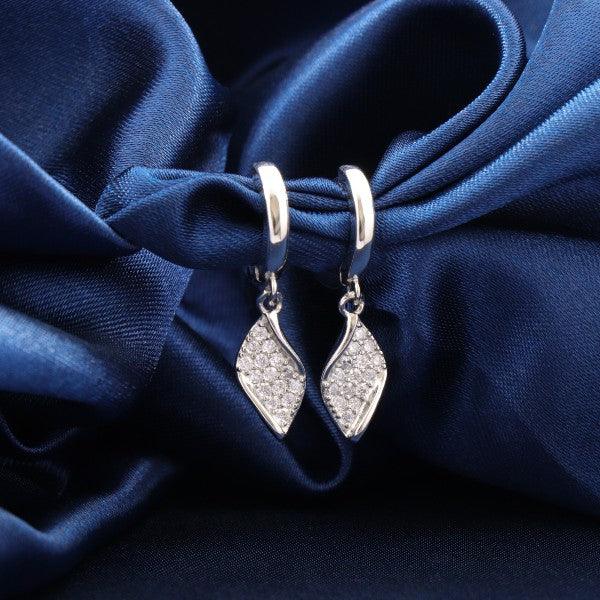 925 Silver Sukriti Women Hoops HOO-5 earrings, 3g, featuring elegant leaf-shaped design on luxurious blue fabric background