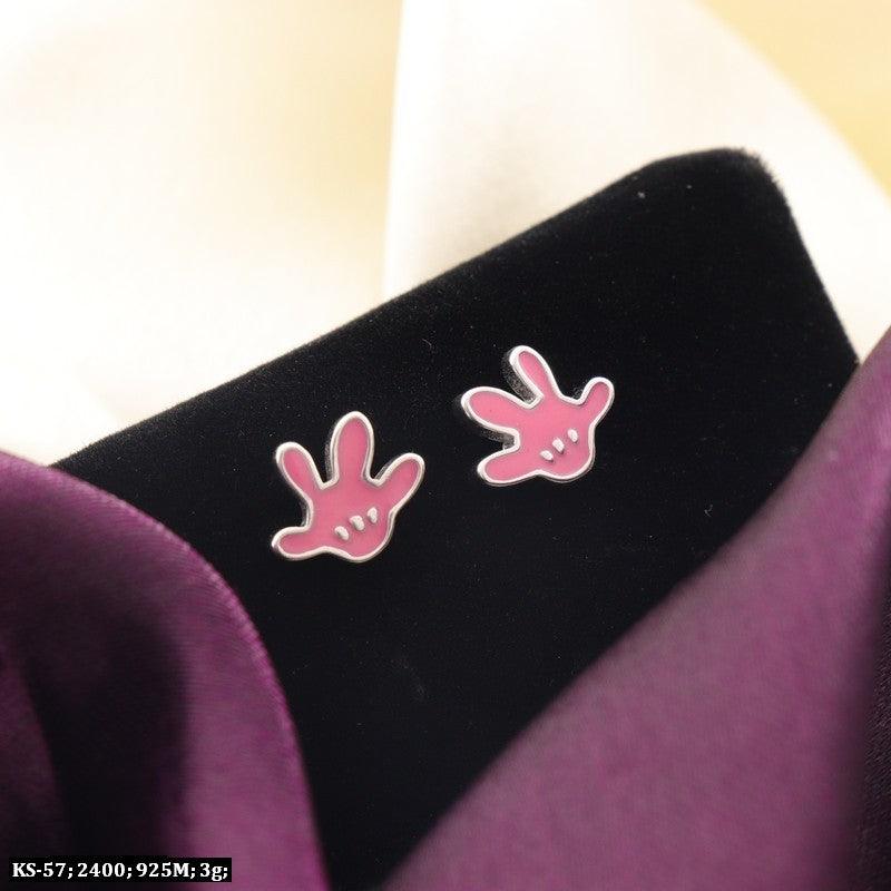 925 silver Varada Kids Studs KS-57, pink hand-shaped design, 3g weight, 2400 dimensions, on black and purple cloth