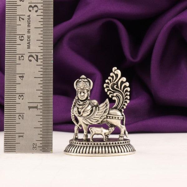 925 silver 3D Kamadenu idol weighing 39g and measuring 4.5cms, displayed with a ruler for scale. Perfect for devotional decor.