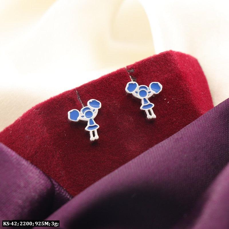 925 Silver Harita Kids Studs KS-42, 3g weight, featuring blue and white design on velvet fabric.