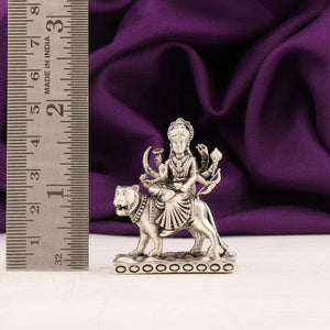 925 silver 3D Durga Devi idol, 52g, 4.5cms, with intricate details, displayed next to a ruler for size comparison.