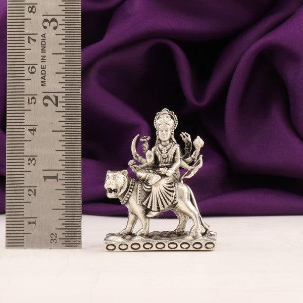 925 silver 3D Durga Devi idol, 52g, 4.5cms, with intricate details, displayed next to a ruler for size comparison.