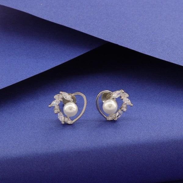 925 silver heart women studs STD-206 with pearls and cubic zirconia, elegant and lightweight 2g earrings for any occasion