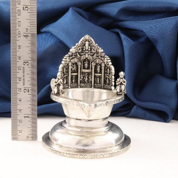 925 silver 2D Balaji Deepam AD-46, 135g, decorative lamp with intricate detailing, purity 925, displayed next to a ruler for size reference.