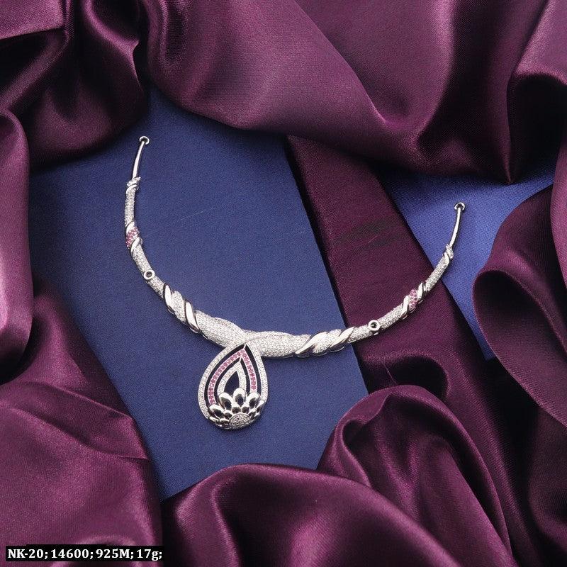 925 Silver Prachi Women Necklace NK-20, 17g, featuring elegant design, high-quality finish, and 925 purity, displayed on purple silk fabric