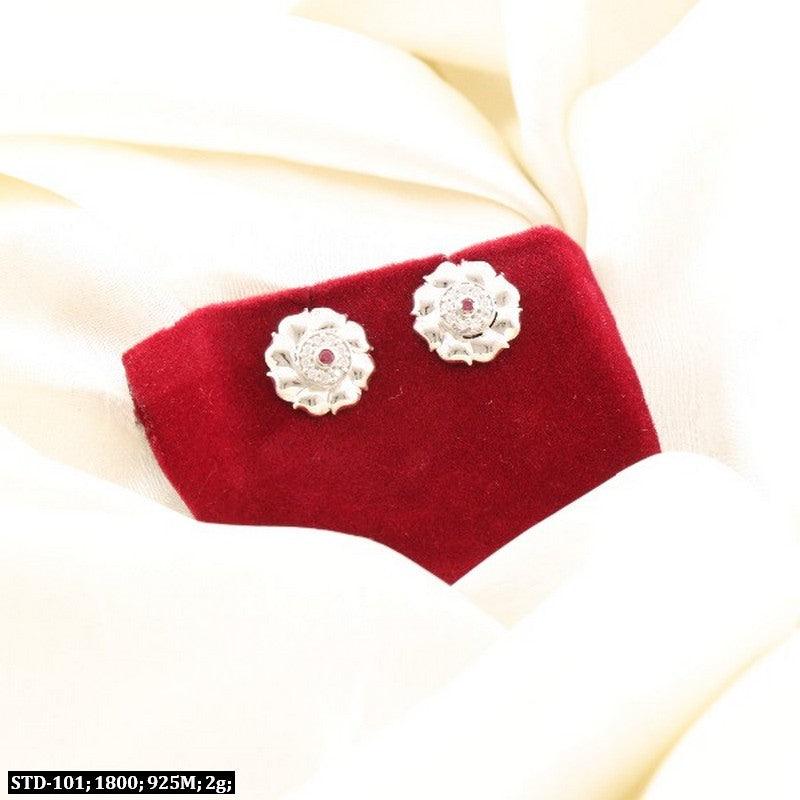 925 silver Nilima women's stud earrings STD-101, 2g weight, elegant floral design on red velvet background