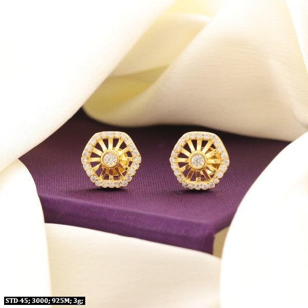 925 Silver Sameena Women Studs STD-45 with sparkling design on a purple fabric background, 3g in weight.