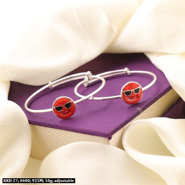 925 Silver Adya Kids Kada KKD-27, 10g, adjustable, featuring smiley face design on purple fabric background.