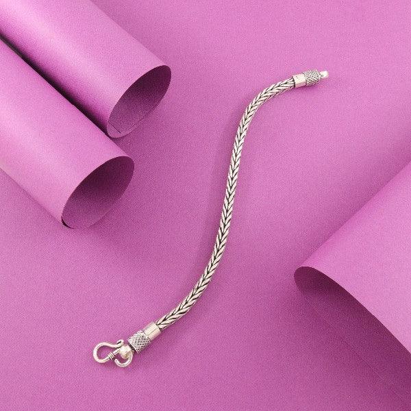 925 Silver Ramratan Men Bracelet MB-210, 35g, 21cm length, 925 purity against a purple background.