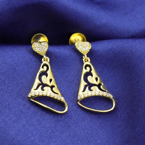 Gold long heart design earrings with intricate cutwork on blue fabric background.