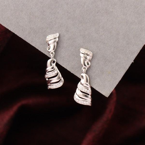 925 Silver Tejaswini Women Danglers DAN-113, 4g, 925 purity, elegant spiral design earrings on a dark background.