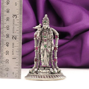 925 silver 3D Meenakshi Amman idol AI-1105, 70g, 7.5cms, intricate design with colorful stones, displayed with purple cloth and ruler for scale.