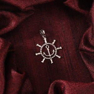 925 Silver Ship Wheel and Anchor Men Pendant MP-50 on red fabric background