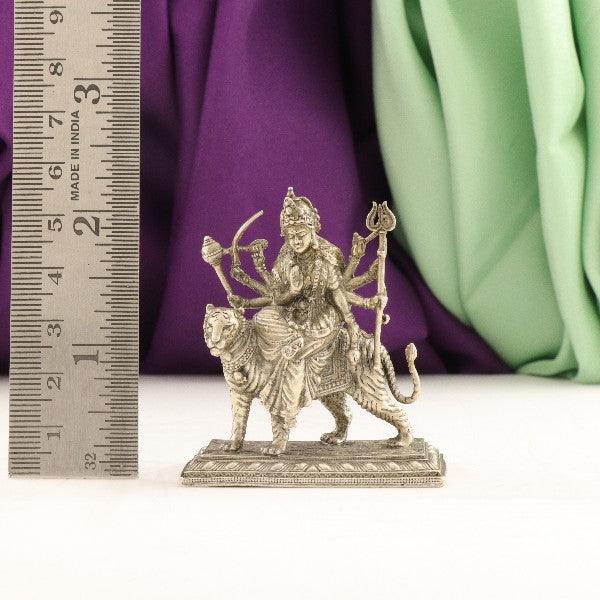 925 silver 3D Durga Devi idol, weight 68g, dimensions 6cm, high-quality purity 925 silver sculpture with measuring scale for size reference