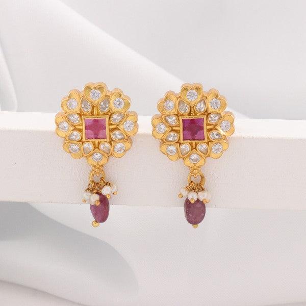 925 Silver Medini Women Danglers DAN-160 with ruby and diamond embellishments on a white background