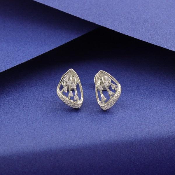 925 silver Dadhija women studs STD-199, weighing 2g, featuring intricate detailing, with high purity, displayed on a blue background.