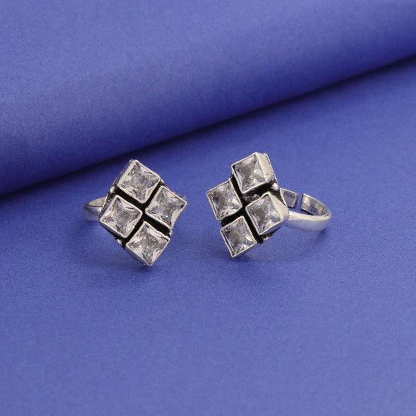 925 Silver Devamayi Women Toe-Rings TE-216 with Square Crystal Design - Weight 9g, Purity 925