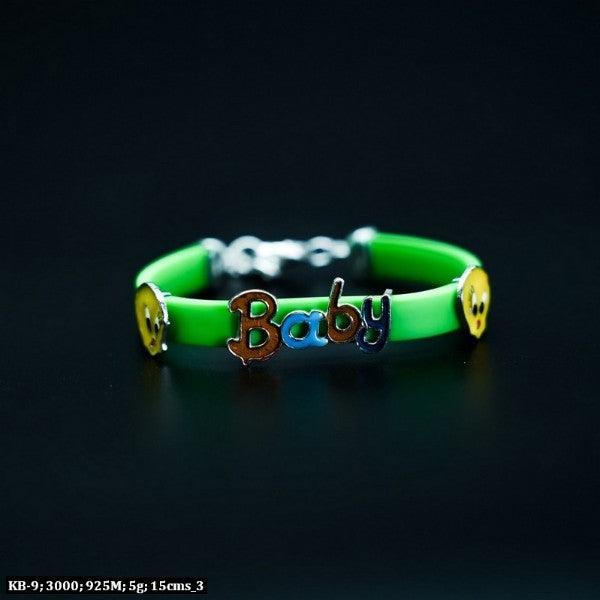 925 Silver Balaravi Kids Bracelet KB-108 with green band and "Baby" charm, weight 5g, length 15cms.