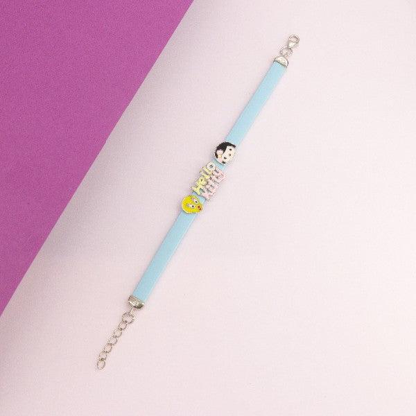 925 Silver Madhavi Kids Bracelet KB-170, 16.5cm, 5g, with colorful beads on a blue band, on a pink and white background.