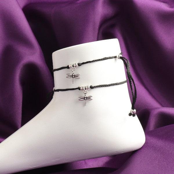 925 silver dragonfly anklets for women with adjustable length, displayed on a white mannequin foot against a purple background