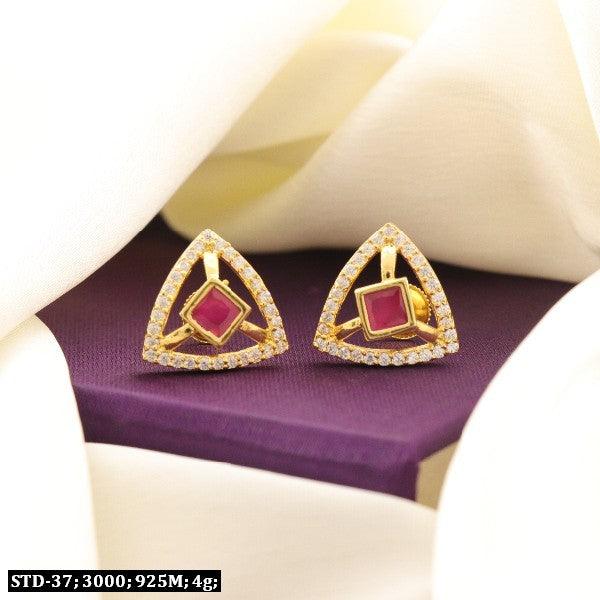 925 Silver Ushashi Women Studs STD-37, 4g, Dimension Purity 925, Elegant Triangle Design with Red Gemstone, Perfect Jewelry Gift.