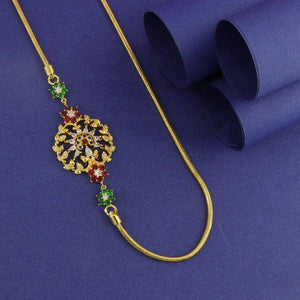 925 silver Sumita Mogappu chain, 60cm, with intricate gold floral design and colorful gemstones on blue background.