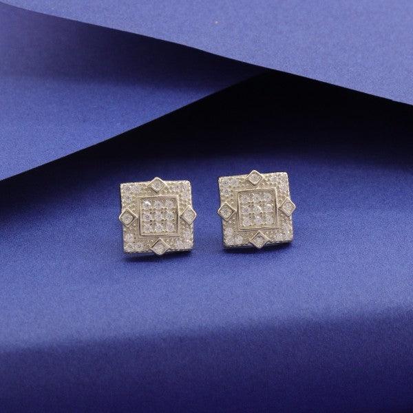 925 Silver Champakali Women Studs STD-218, 4g, featuring intricate square design on a blue background.