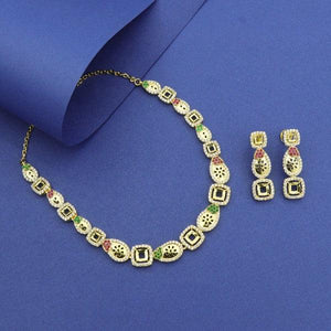 925 Silver Mudrika Women Necklace NK-118 with colorful gemstones and matching earrings on a blue background