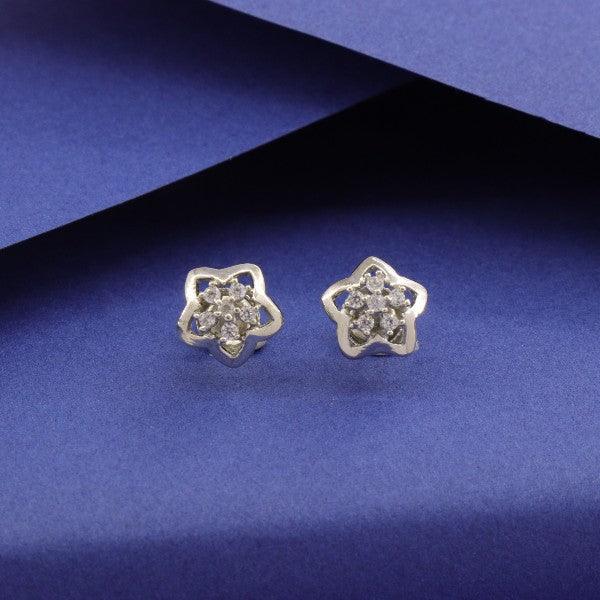 925 silver flower kids studs KS-110, purity 925, weighing 2g, featuring a delicate floral design on a purple background.