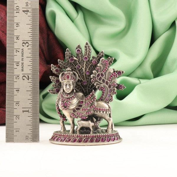 925 Silver 3D Kamadenu idol, 103g, 7.5cm, detailed design with purple stones.