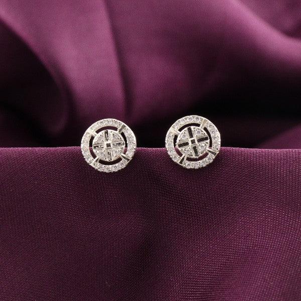 925 silver Prashansa women studs STD-267, 3g weight, elegant circular design earrings on purple fabric background