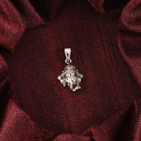 925 silver Ganesha God pendant GP-111 with intricate details, weighing 4g and made with 925 purity silver, displayed on a dark red fabric background.