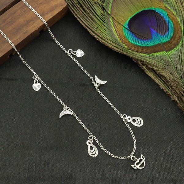 925 Silver Adya Women Necklace NK-124 with charms on black background near peacock feather, 5g weight and 925 purity