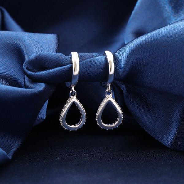 925 silver Narmada women hoops HOO-4, weight 3g, purity 925, elegant teardrop design earrings on blue satin background