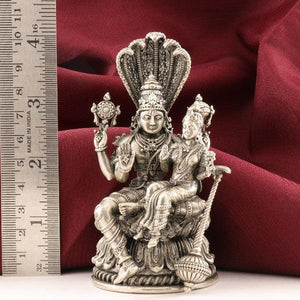 925 silver 3D Mahavishnu Lakshmidevi idol, 236g, 10cm, showcasing intricate details against a red fabric background with a measuring scale