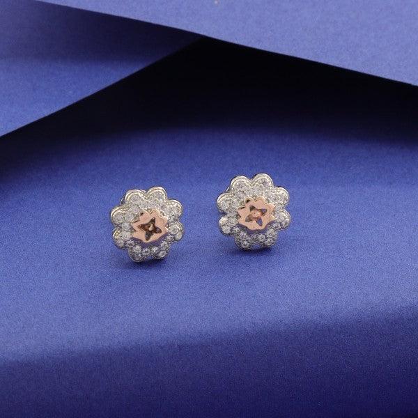 925 silver flower kids studs KS-120 with pink center, 2g weight, purity 925, displayed on a blue background.