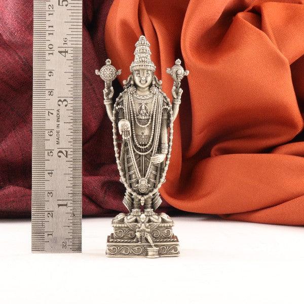 925 silver 3D Garuda Balaji idol, 10.5cm tall, 115g weight, displayed next to a ruler for scale with colorful fabric backdrop