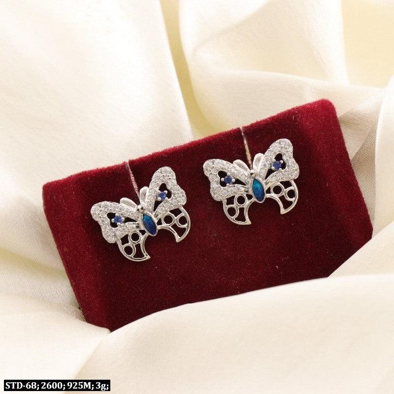 925 silver studded butterfly women studs STD-68, 3 grams, displayed on a red velvet background.