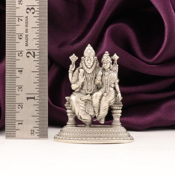 925 silver 2D Lakshmi Narasimha idol, weighing 36g, 5.5cm in length, shown alongside a measurement ruler for size reference.