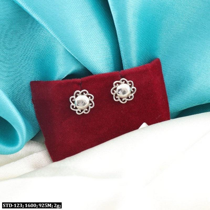 925 silver shabari women studs STD-123, 2g weight, elegant floral design on red velvet background.