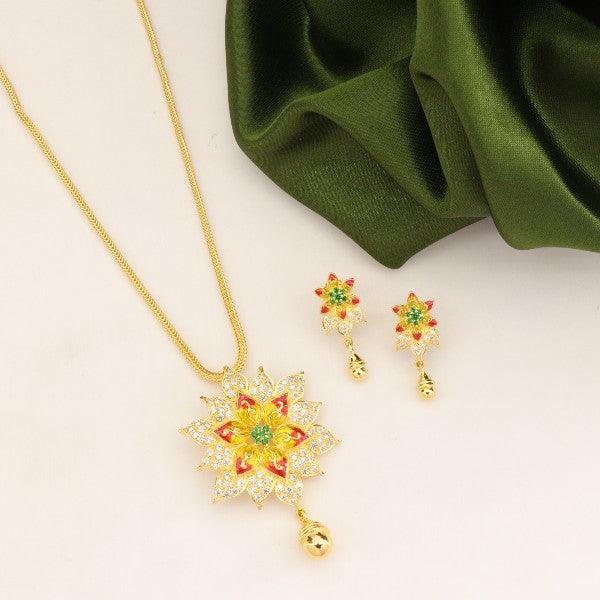 Elegant 925 silver flower necklace NK-166 with matching earrings displayed on a white background near a green fabric.