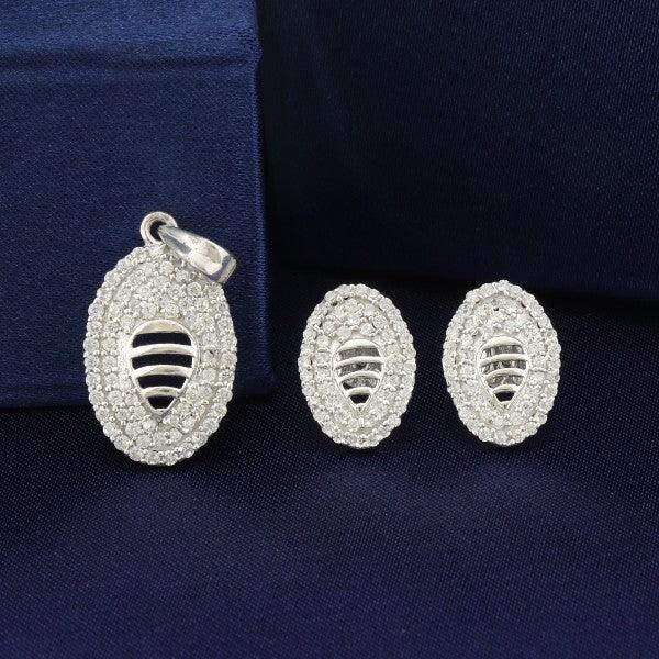 925 Silver Omana Women Pendant-sets PS-141 showcasing a pendant and matching earrings on a dark blue background. Weight 5g.