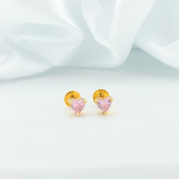 925 silver heart kids studs KS-103 with pink gemstones on a white background.