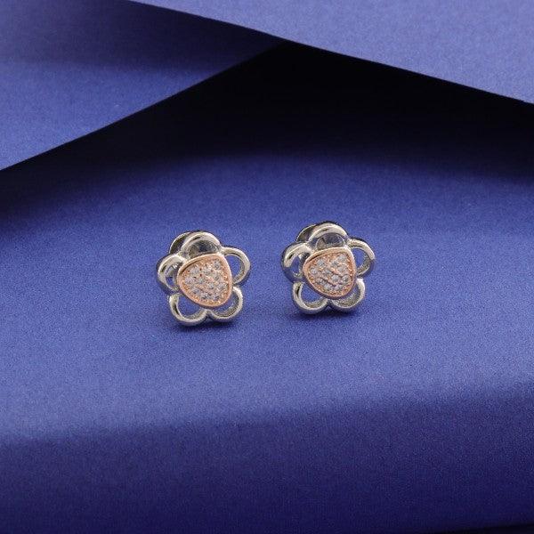 925 Silver Flower Kids Studs KS-119, 2g, Purity 925, stylish and elegant kids' earrings on a blue background.