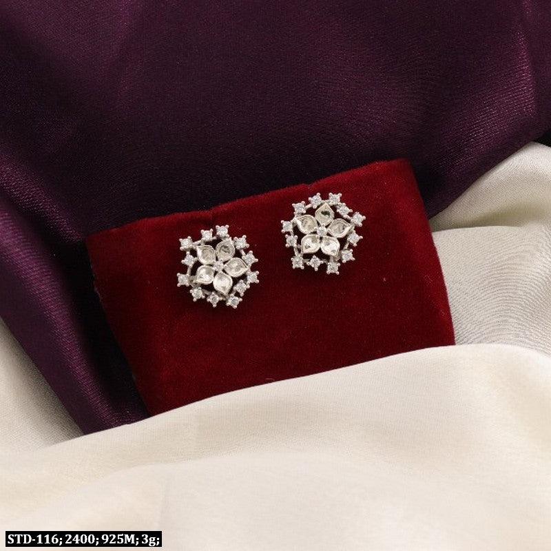 925 silver Shubhangi women studs STD-116, 3g, displayed on red velvet against a luxurious fabric backdrop