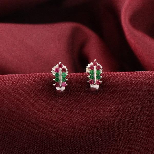 925 silver Tamali kids studs KS-132 with colorful gemstones on red fabric background.