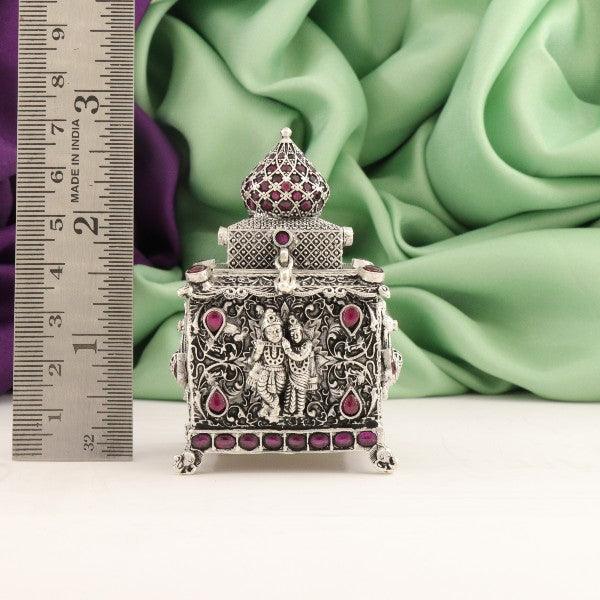 925 silver 3D Radha Krishna Kumkuma box idol with intricate designs, measuring 7cm in length, weighing 105g, shown with a measuring ruler.