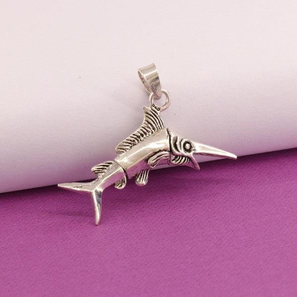 925 silver swordfish men pendant MP-54, weight 5g, purity 925, detailed fish design on purple background