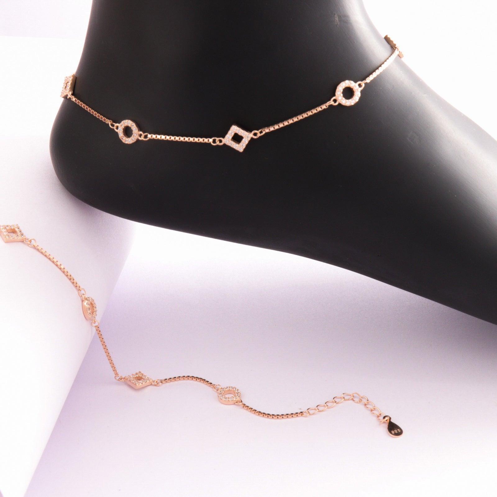 Elegant 925 silver women's anklet ANK-113 on display, featuring delicate geometric designs, 28cm length, 7g weight, and high purity.